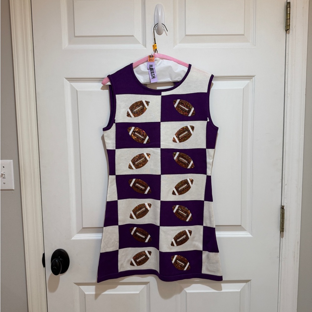 QUEEN OF SPARKLES Purple and White Football Mini Dress